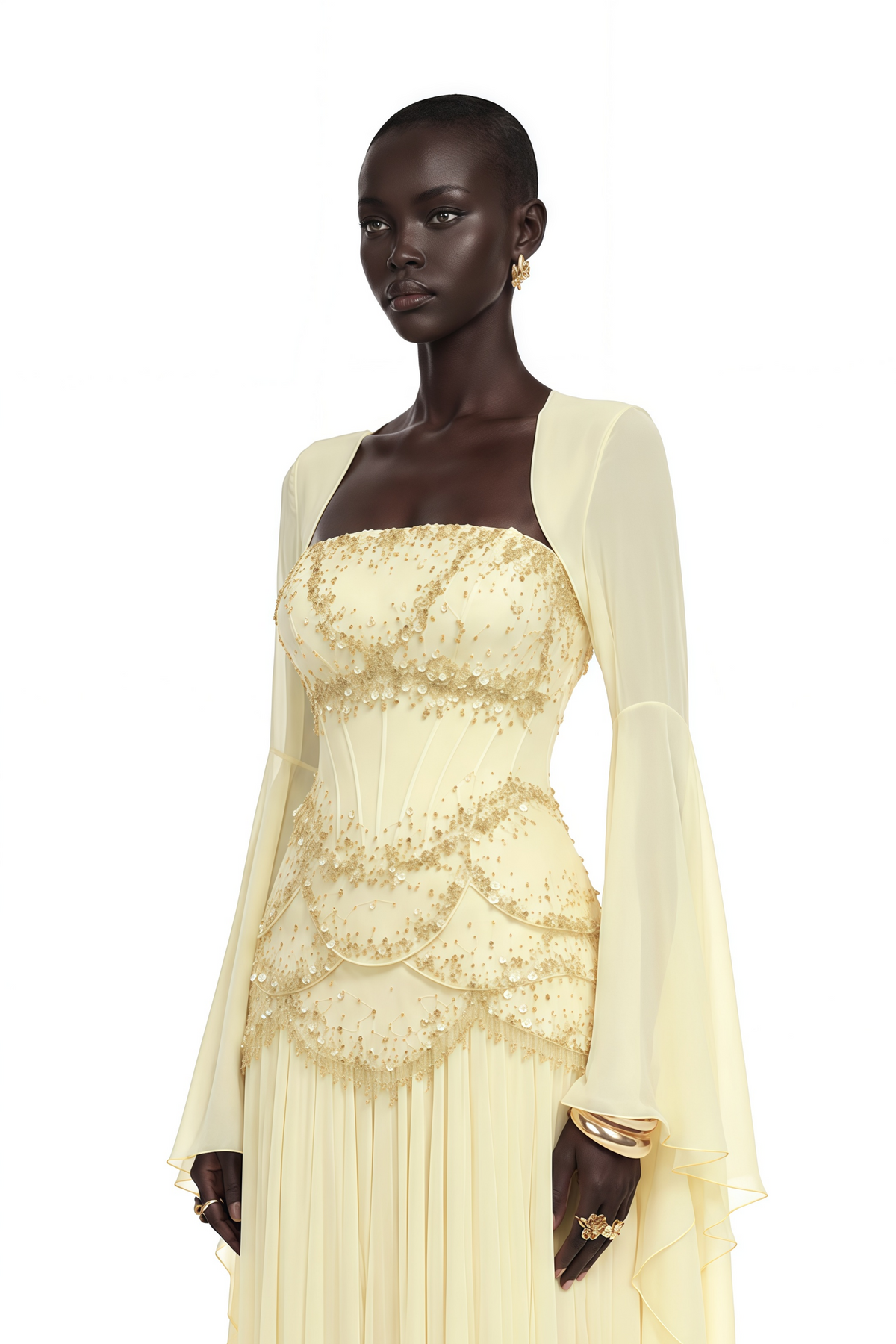 Yellow Faux-pearl-embellished Pleated Maxi Dress