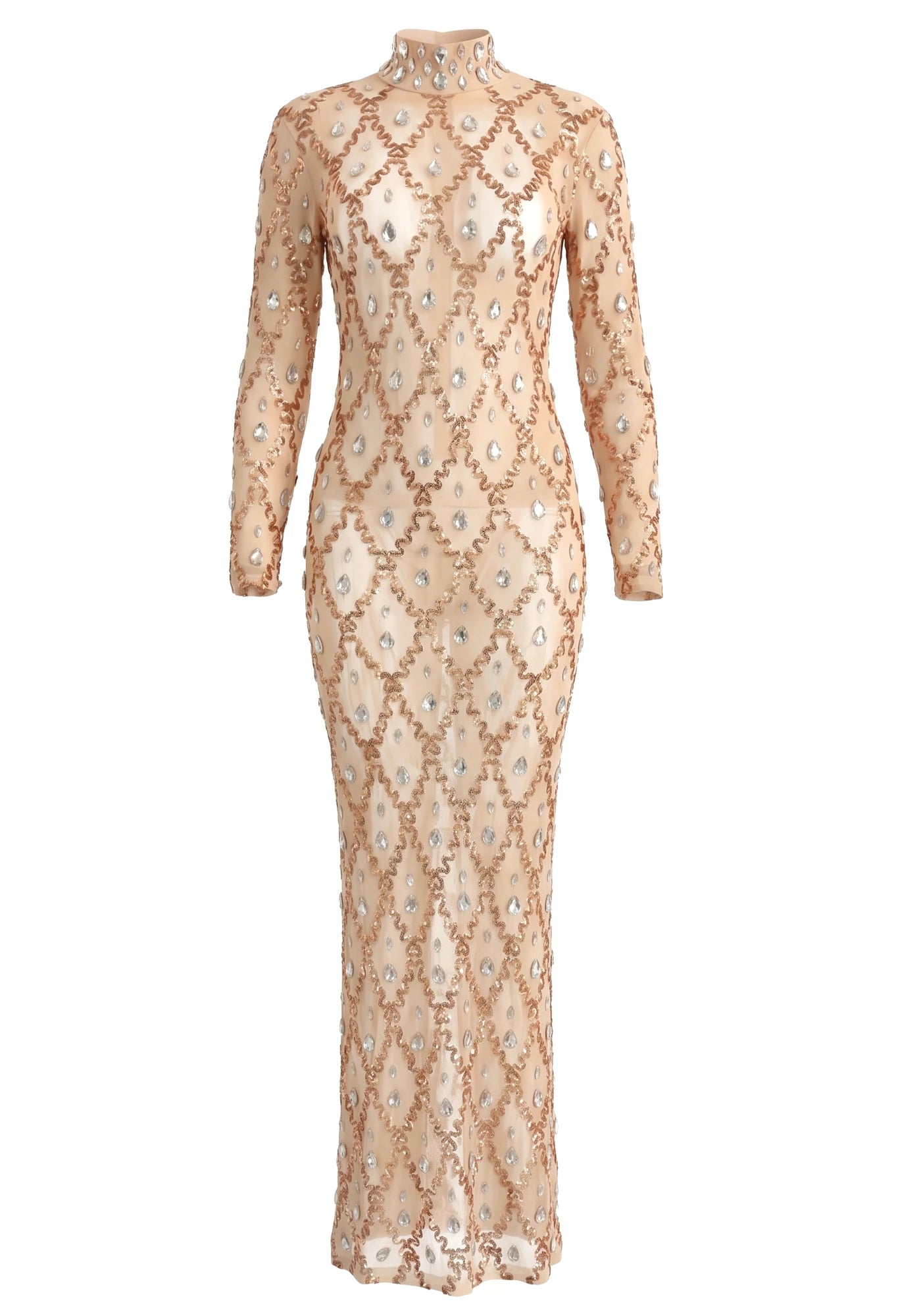 Long Sleeve Embellished Sequin Mesh Maxi Dress Nude