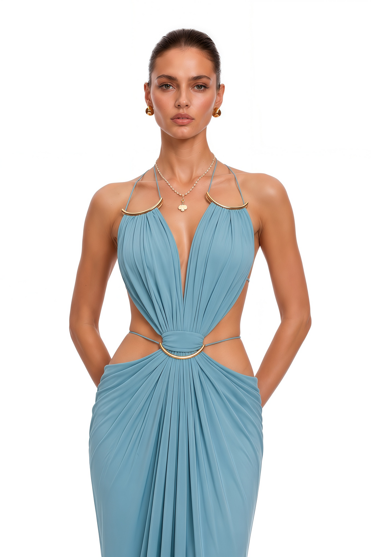 Blue Cut-Out Halterneck Maxi Dress