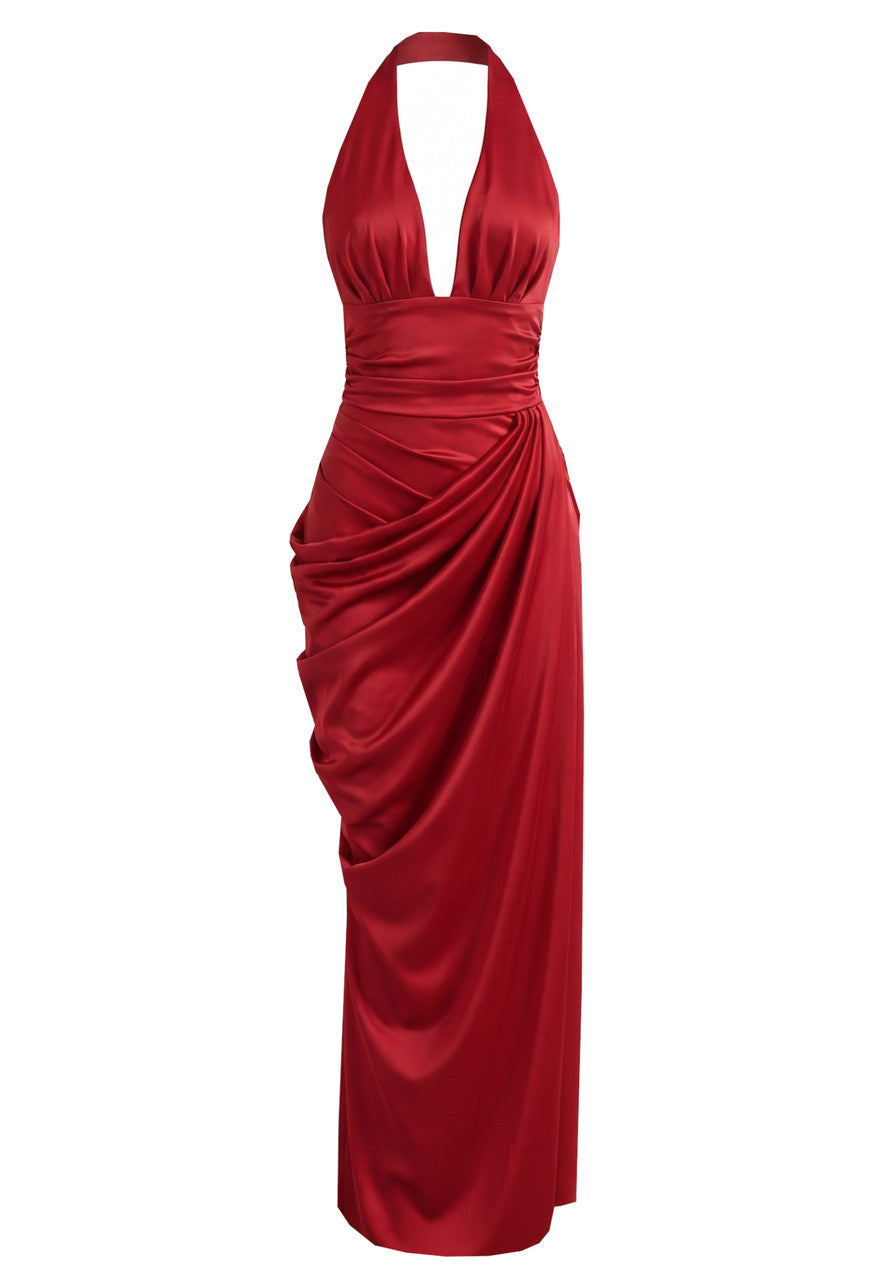 Halter Draped Corset Maxi Dress Red