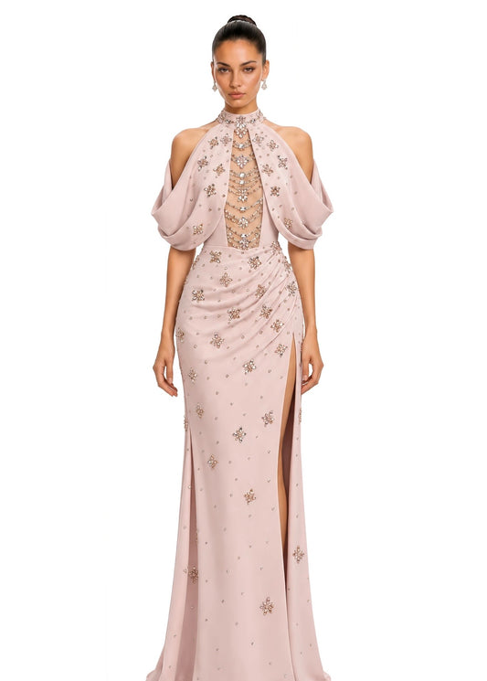 Blush Pink Embellished Halter Draped Maxi Gown