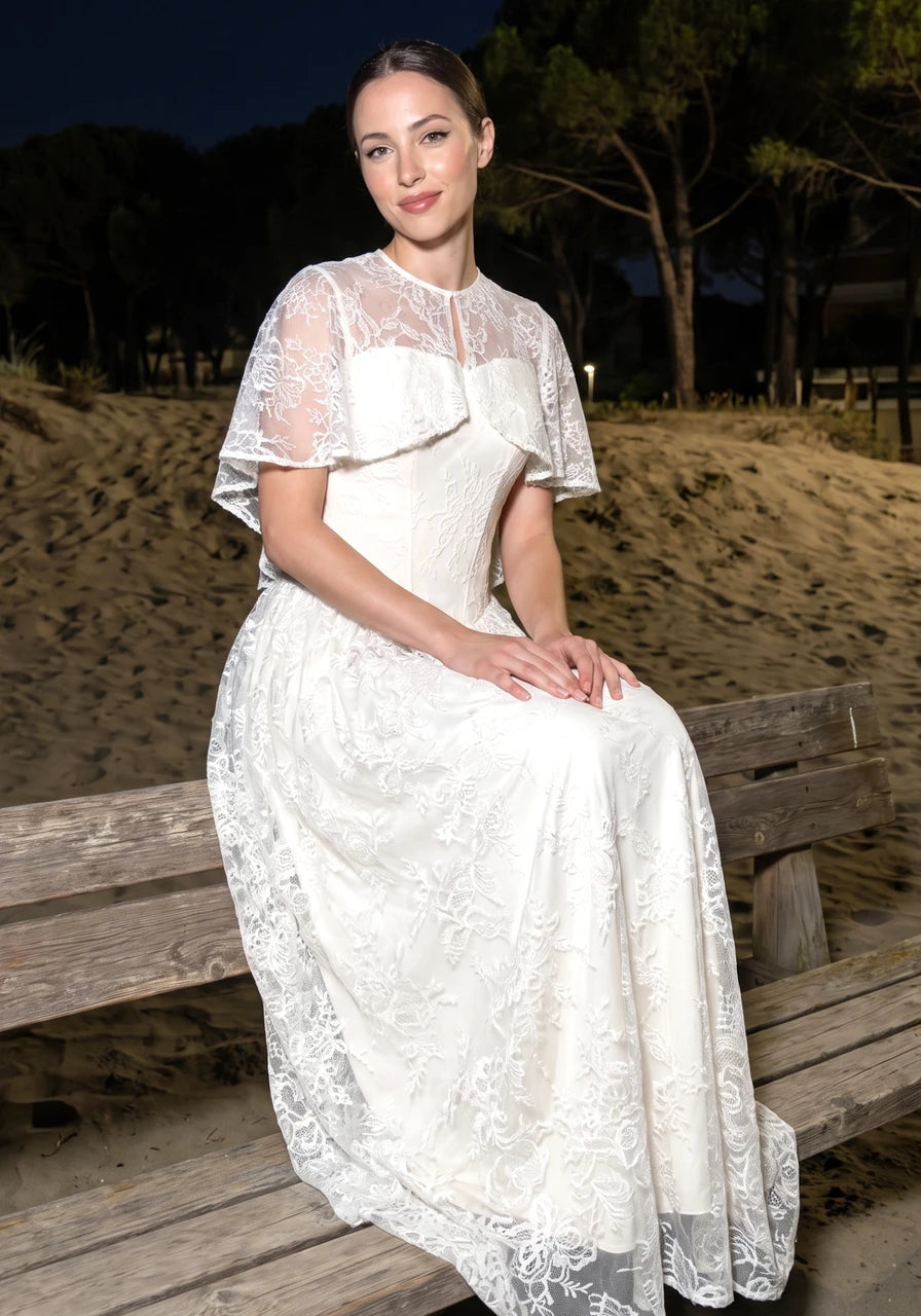 Lace Cape Strapless A Line Maxi Dress Ivory