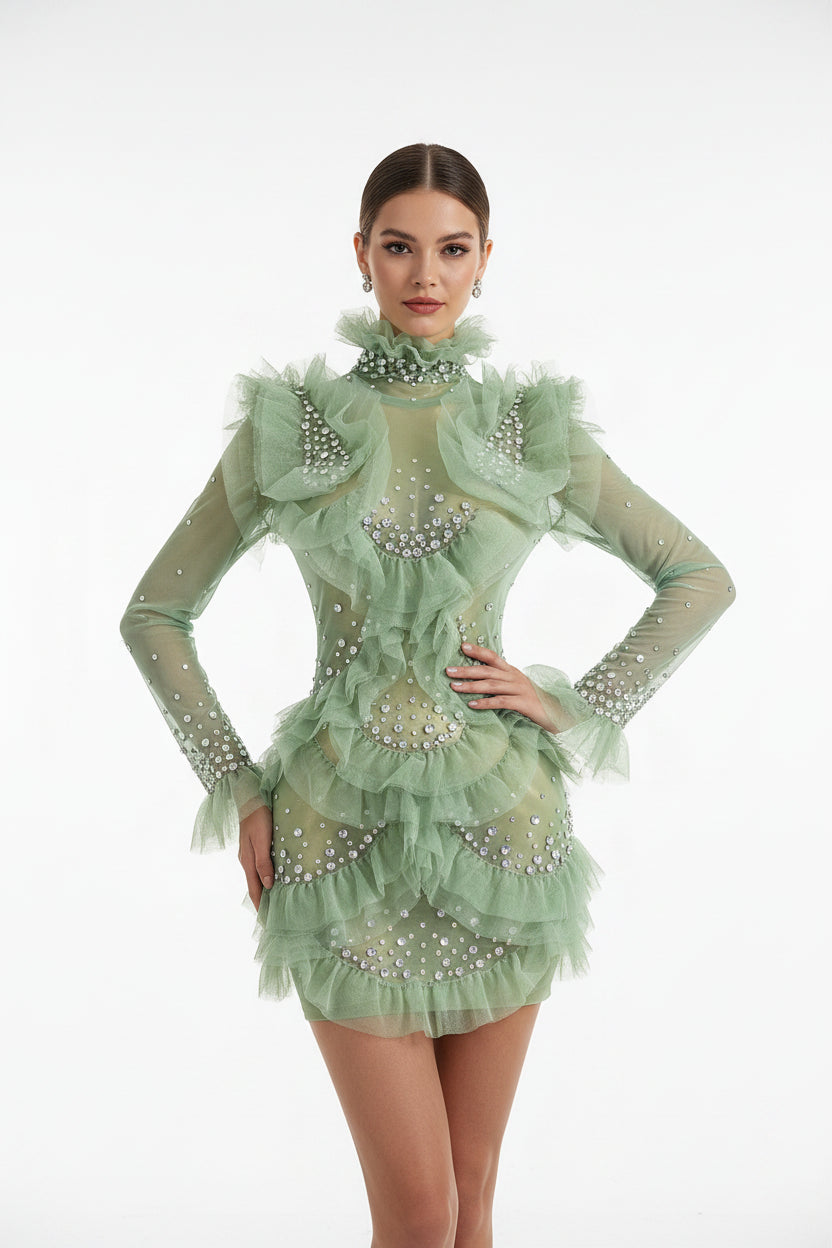 Sparkly Rhinestone Mesh See Through Mini Dress