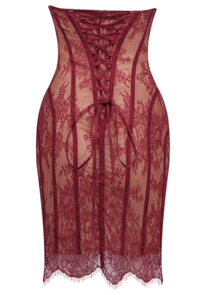 Strapless Lace Corset Dress Burgundy