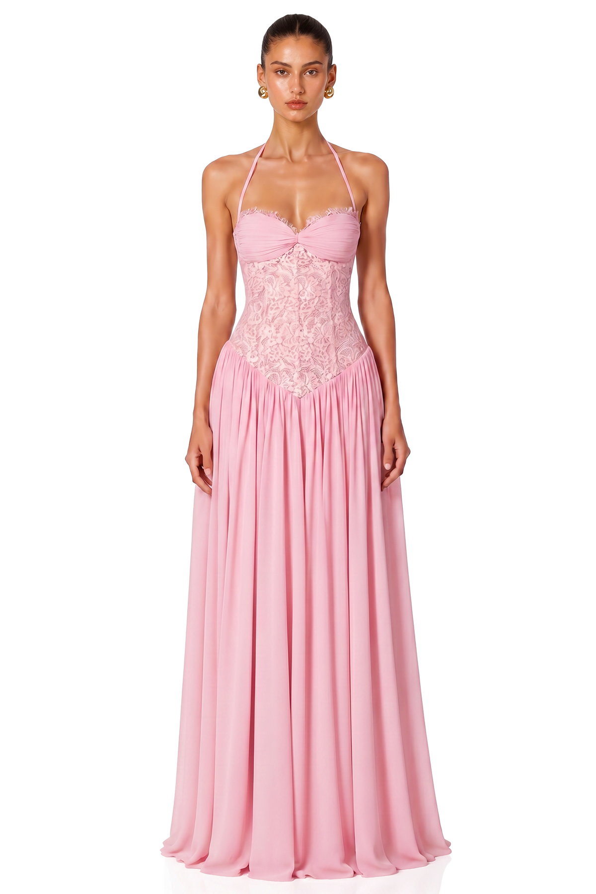 Pink Halterneck Lace Corset Maxi Dress