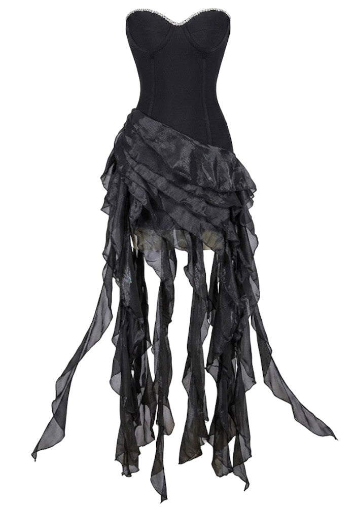 Strapless Crystal Bustier Ruffle Maxi Dress Black