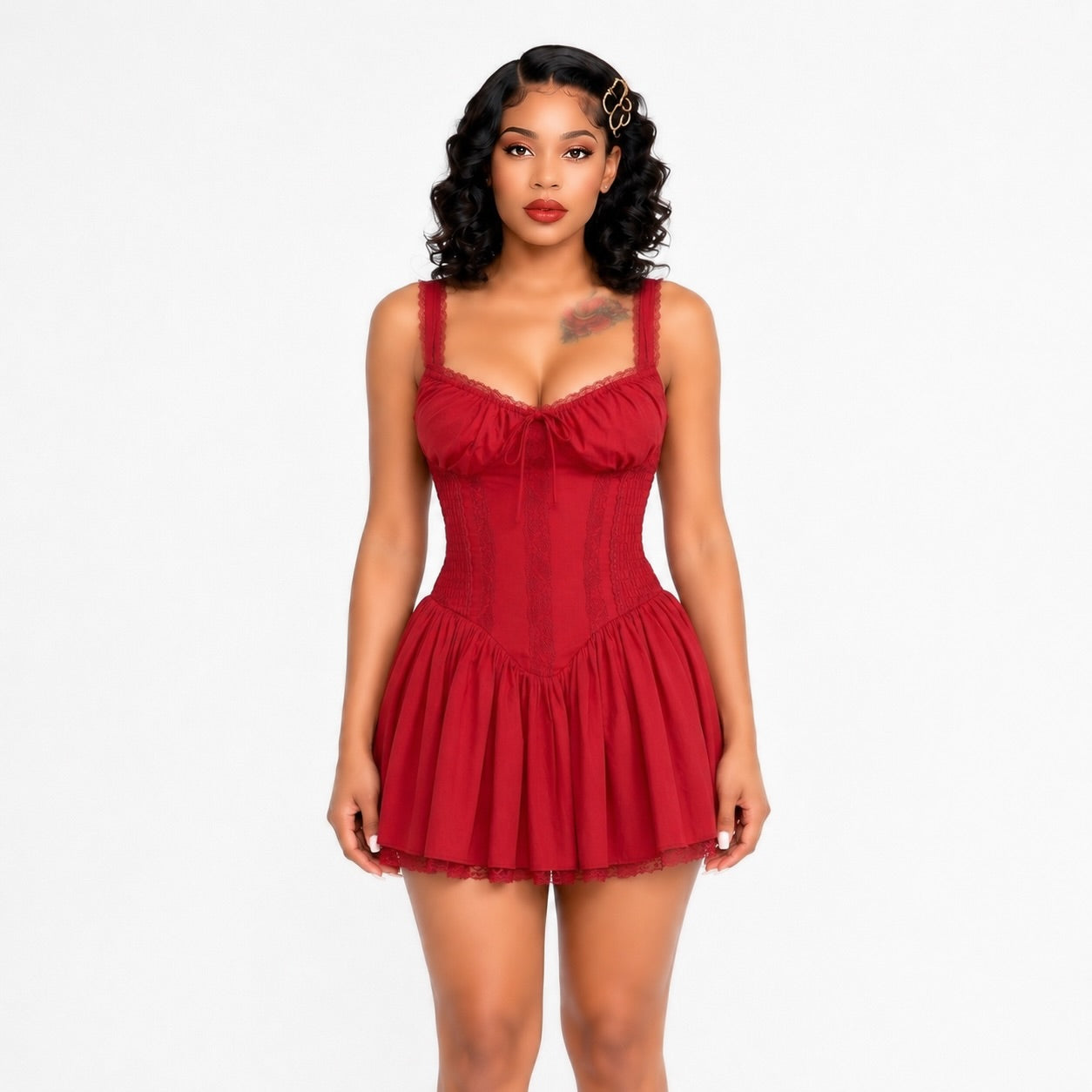 Lace Insert A Line Corset Dress Red