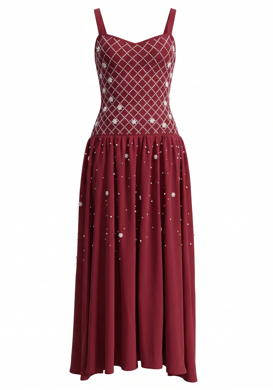 Crystal Embellished A Line Maxi Dress Burgundy