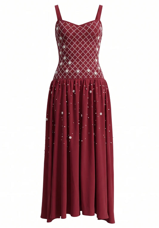 Crystal Embellished A Line Maxi Dress Burgundy