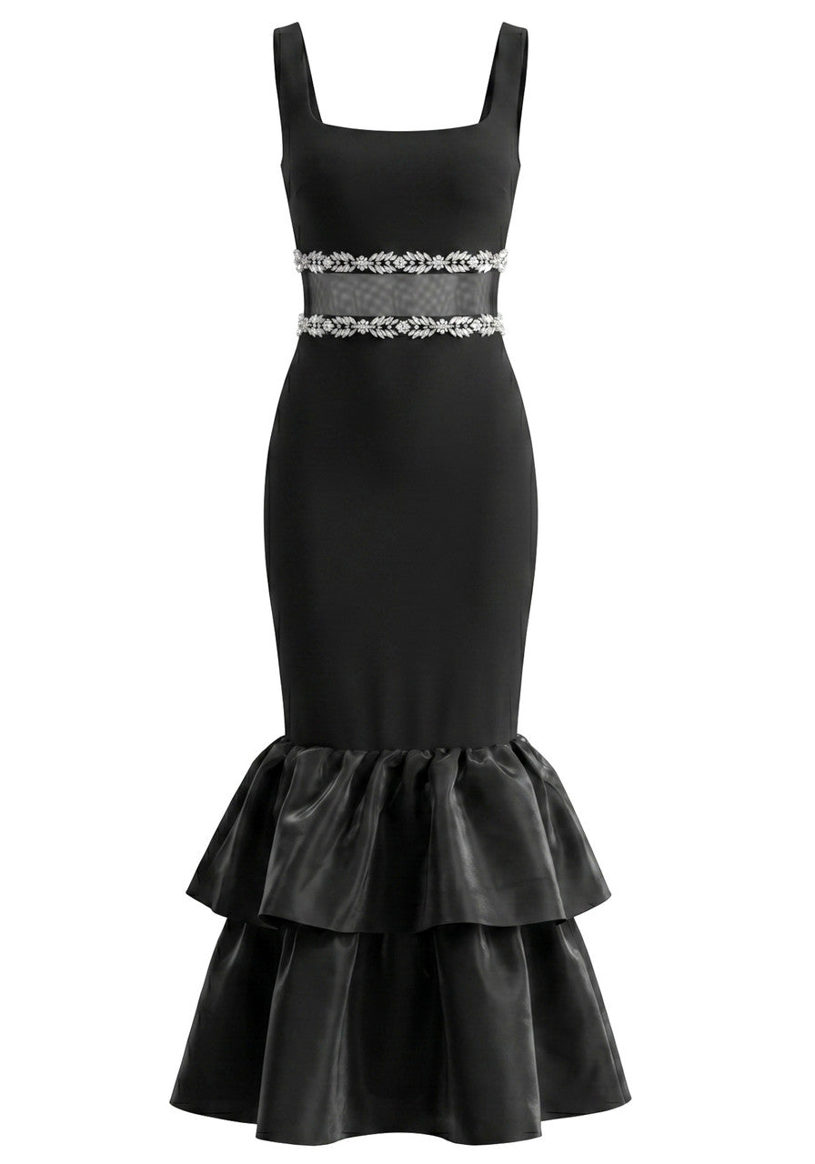 Crystal Mesh Ruffle Maxi Dress Black