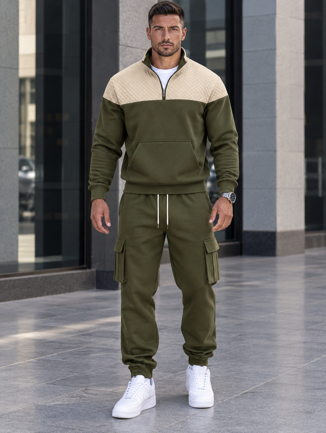 Men's Full Size Quilted Quarter-Zip Top and Cargo Joggers Set Plus Size
