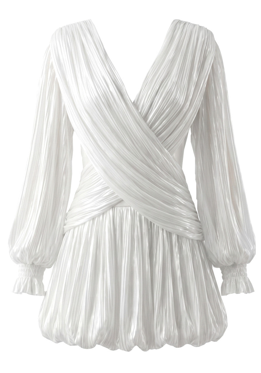 Long Sleeve Draped Bubble Dress White