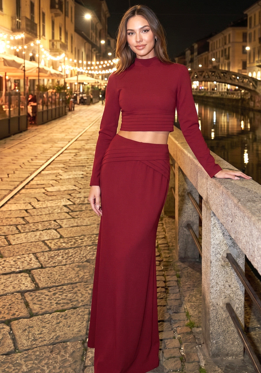 Long Sleeve Two Piece Maxi Dress Red