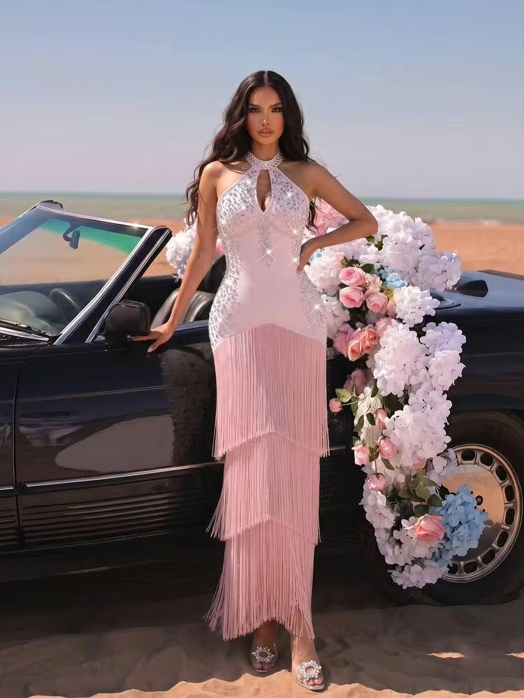 Rosé Mirage Fringe Maxi Dress
