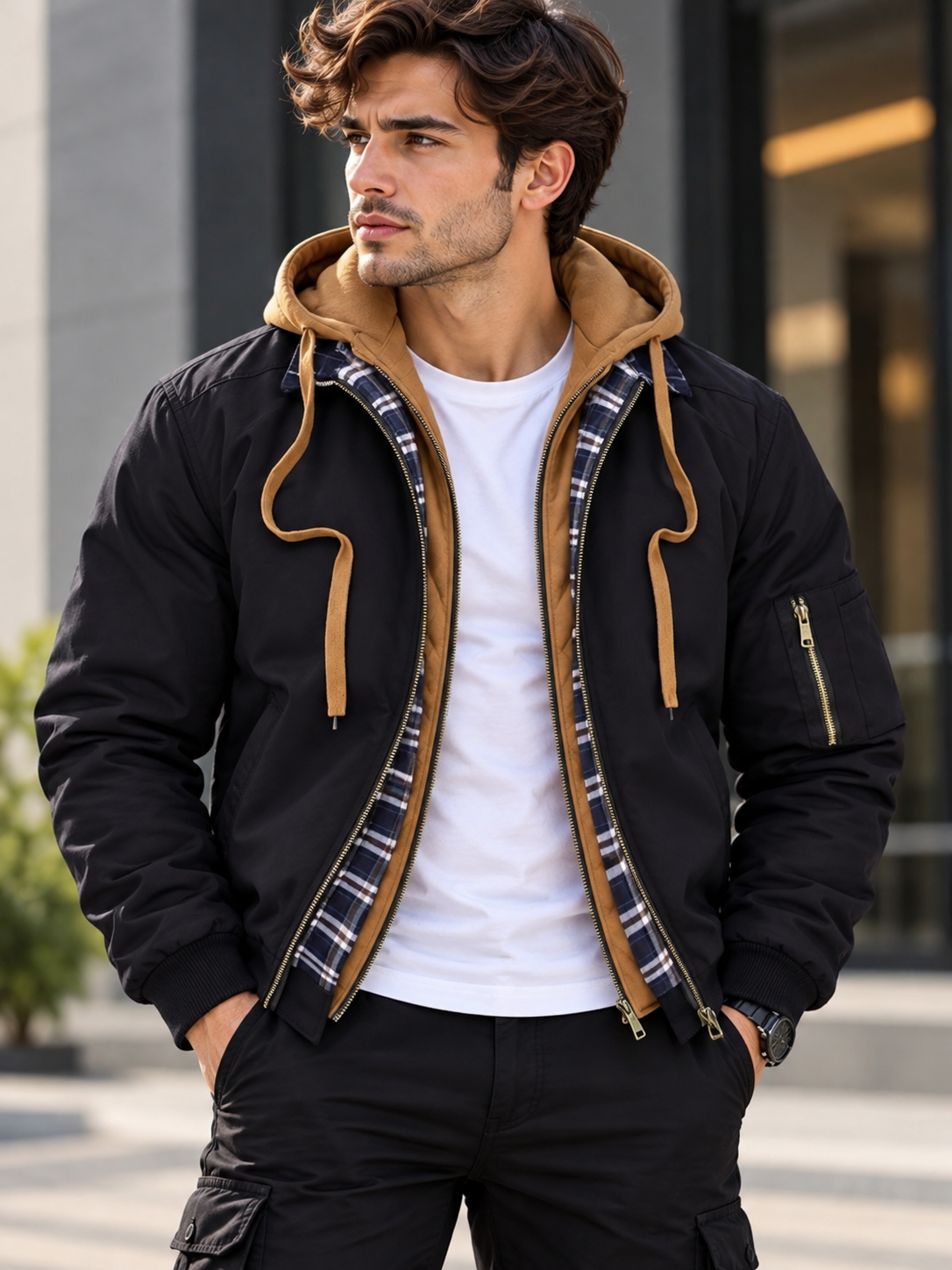Men's Full Size Casual Quilted Lined Hooded Bomber Jacket Plus Size