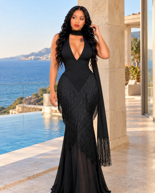 Halter Tassel Maxi Dress Black