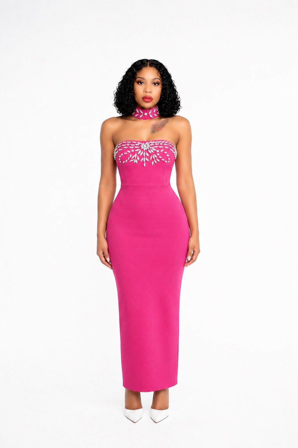 Strapless Crystal Choker Maxi Dress Hot Pink BECCATHELABEL Strapless Crystal Choker Maxi Dress Hot Pink BECCATHELABEL