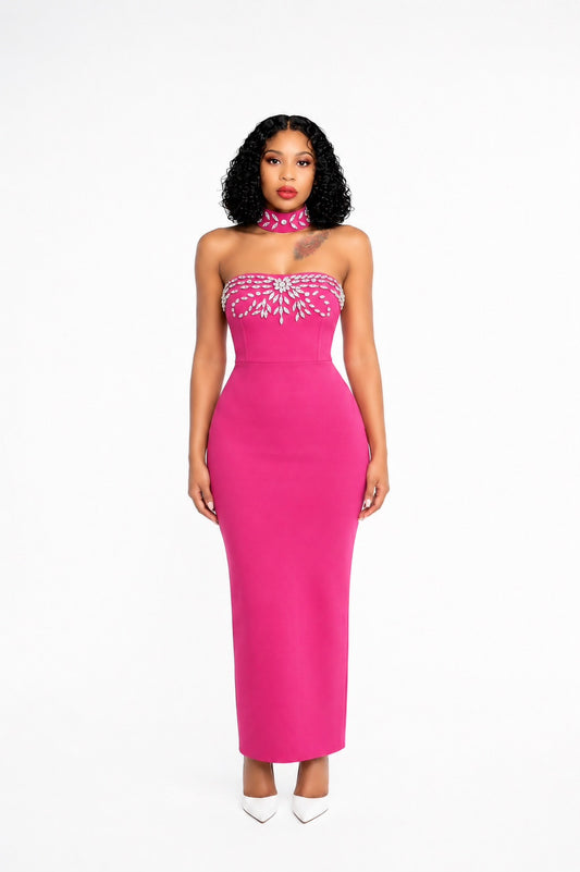 Strapless Crystal Choker Maxi Dress Hot Pink