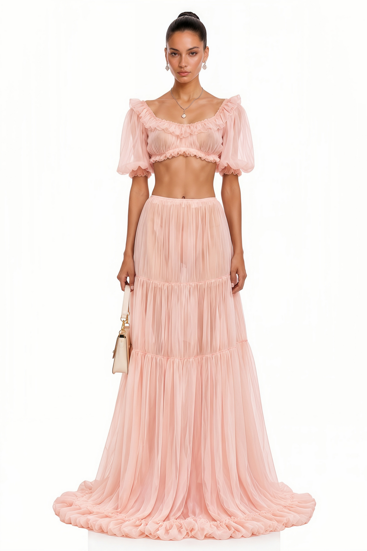 Pink Puff Sleeves Crop Top & Ruffled Skirt Set