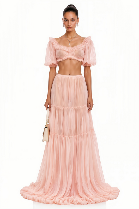 Pink Puff Sleeves Crop Top & Ruffled Skirt Set