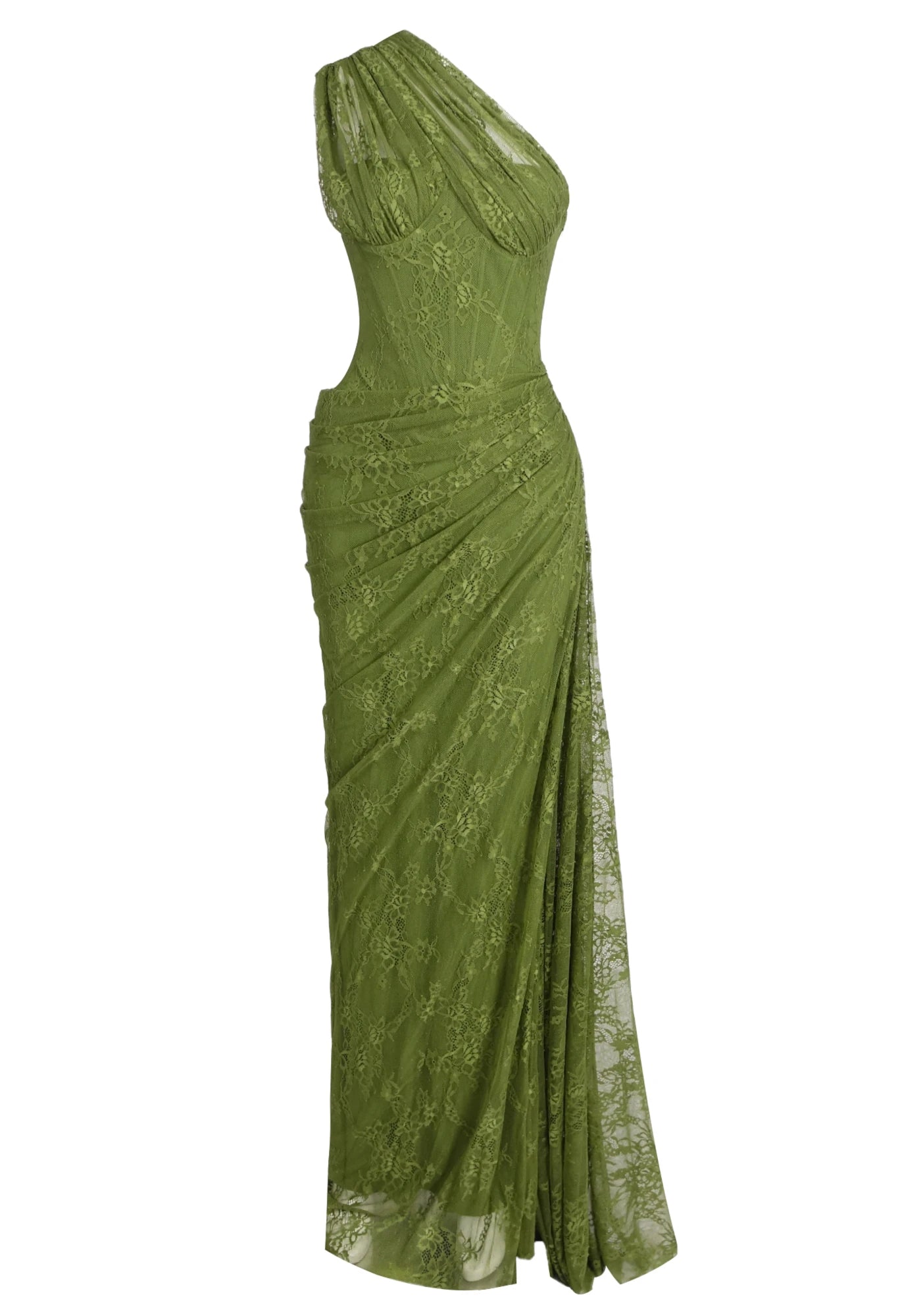 One Shoulder Draped Lace Maxi Dress Green