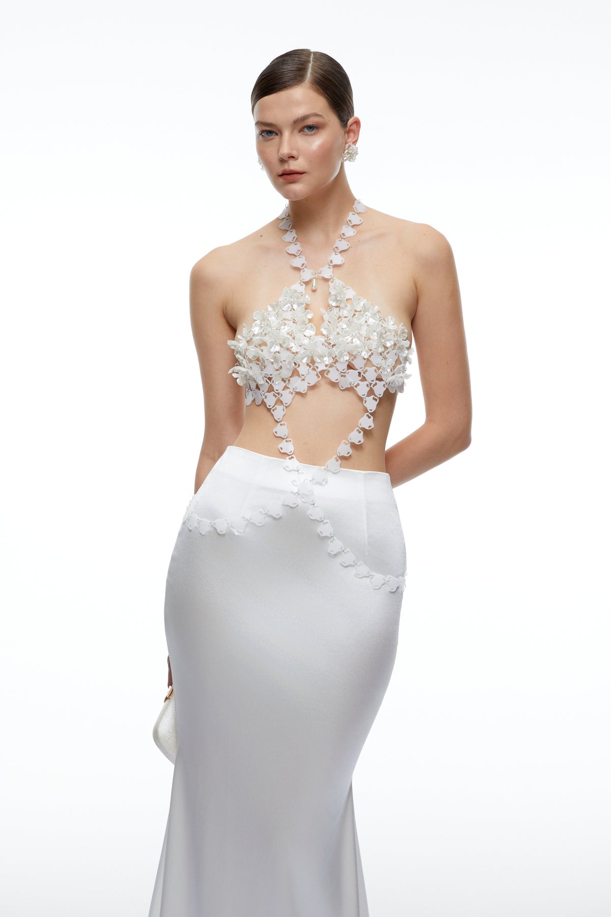 White Halterneck Top & Skirt Set with Floral Applique