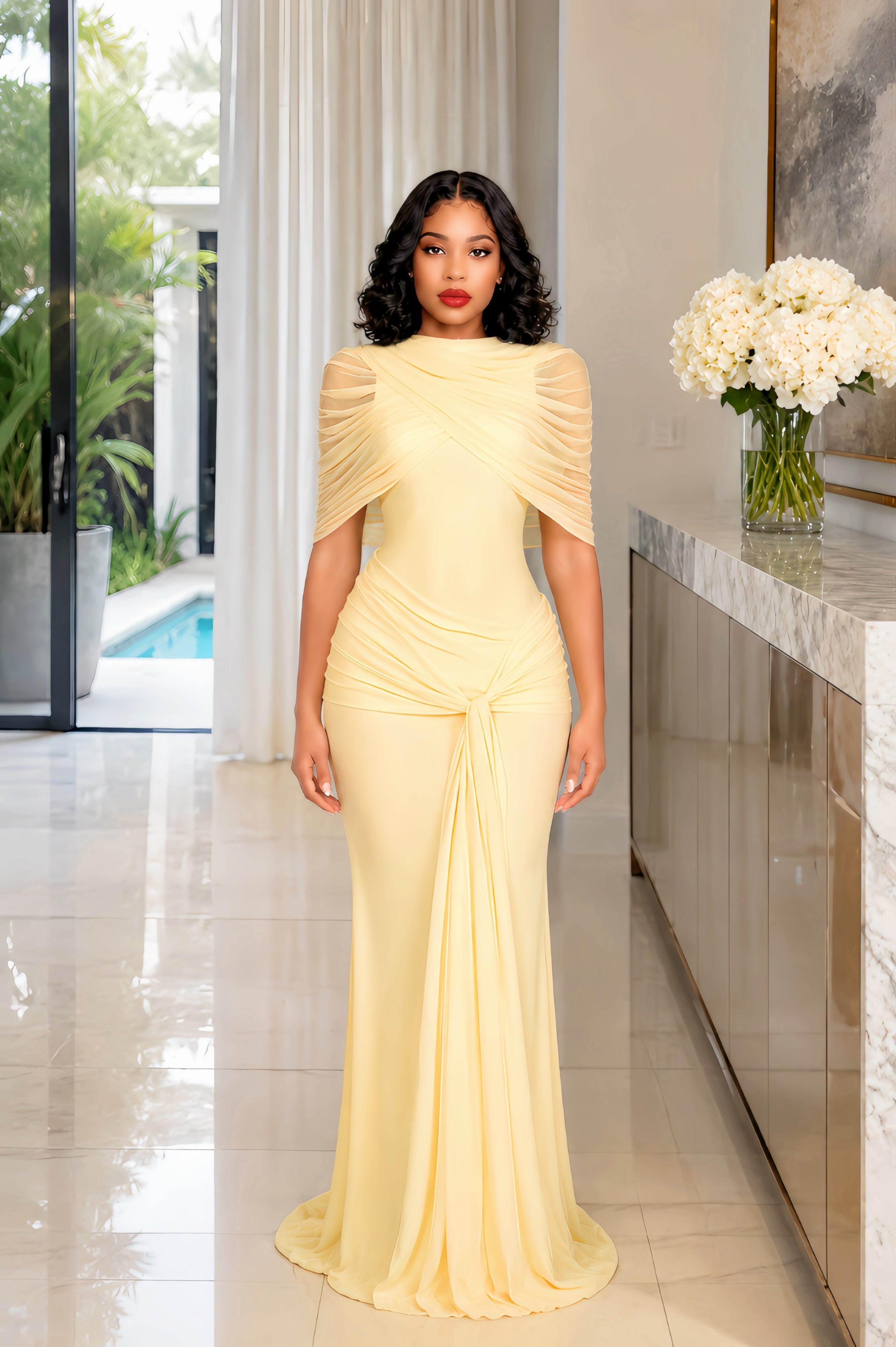 Yellow Asymmetrical Pleated Maxi Dress