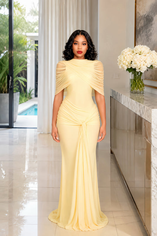 Yellow Asymmetrical Pleated Maxi Dress