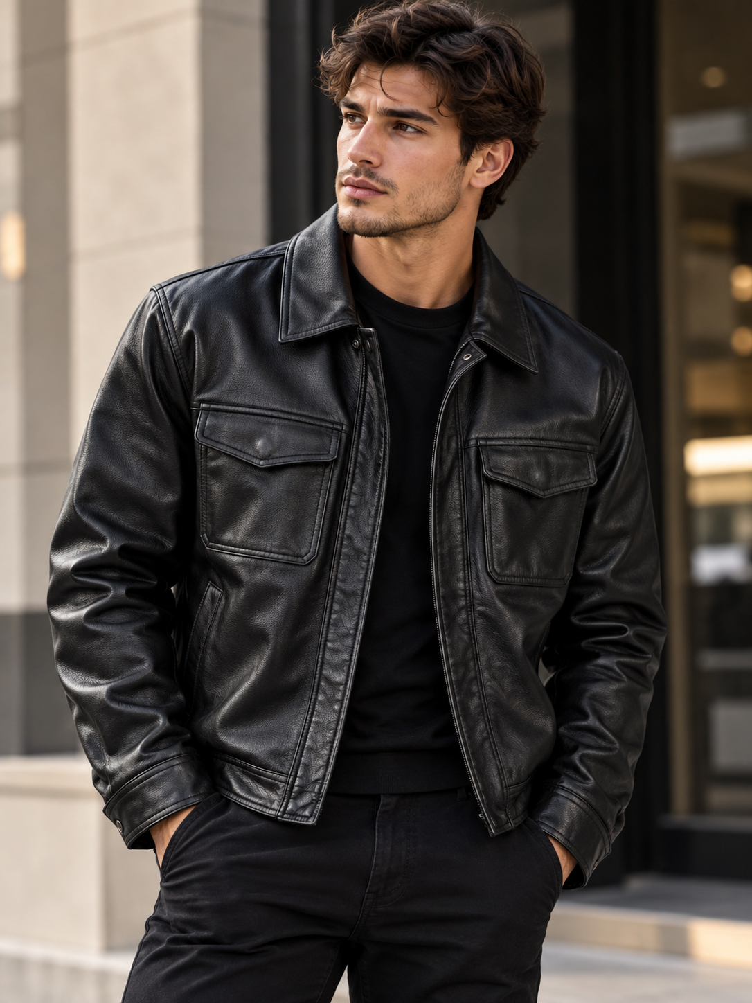 Men's Plus Size Leather Jacket with Flap Pockets