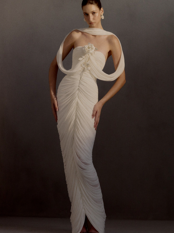 Ivory Draped One-Shoulder Floral Gown