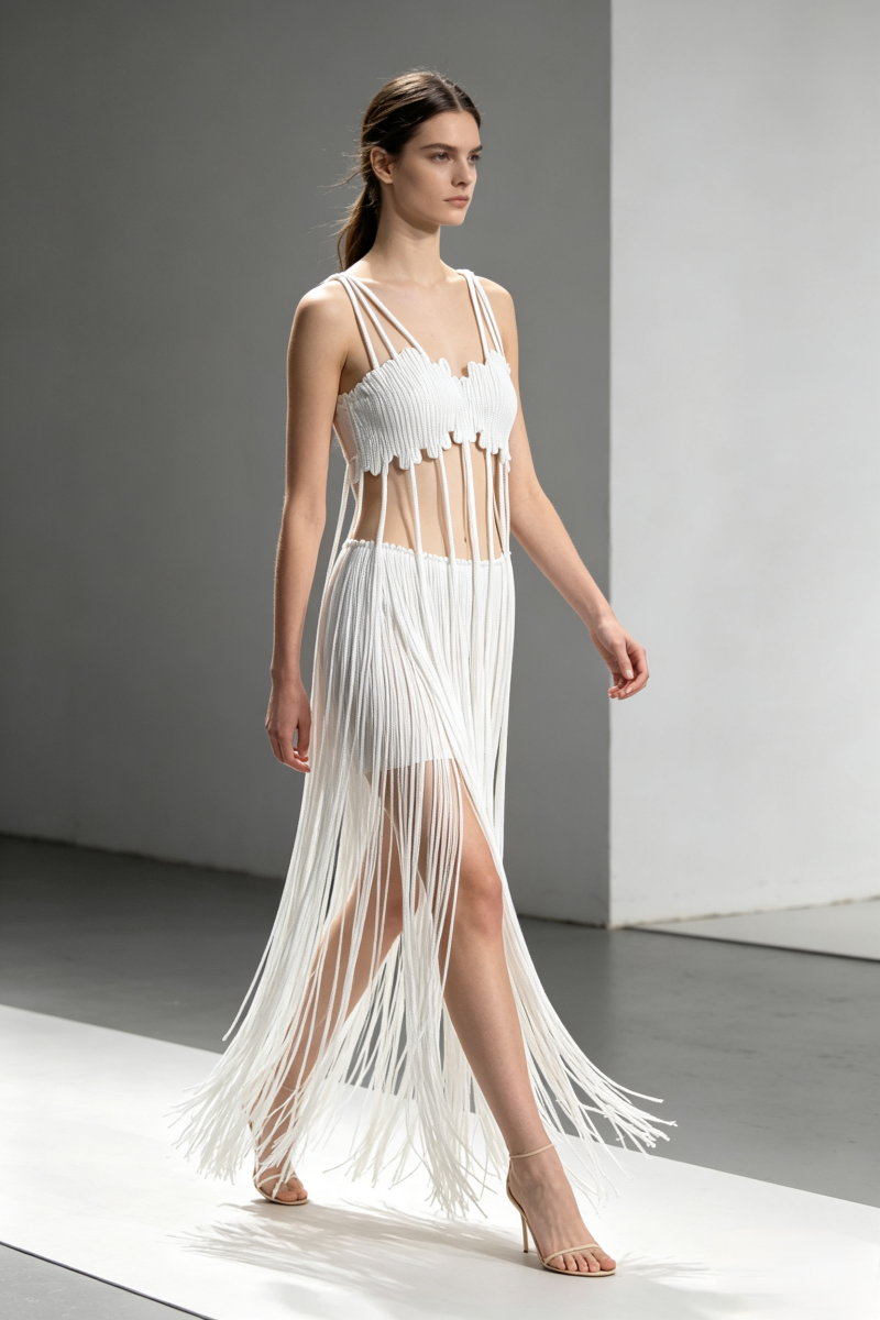 White Fringe Cage Midi Dress