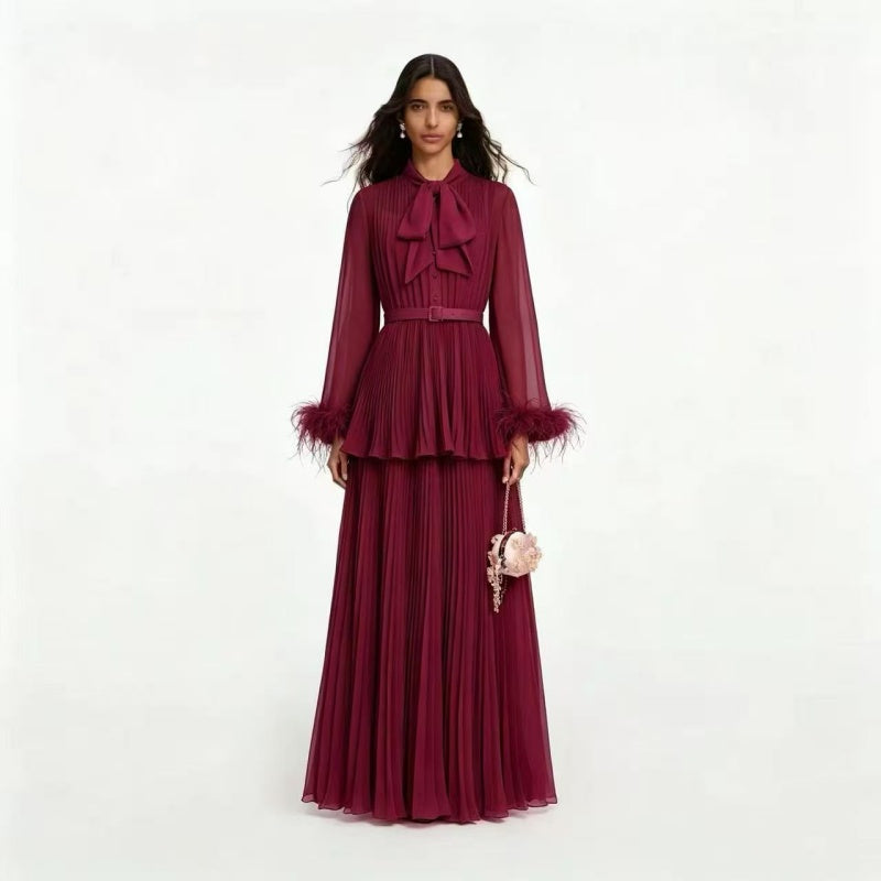 Burgundy Pleated Chiffon Two-Piece Set