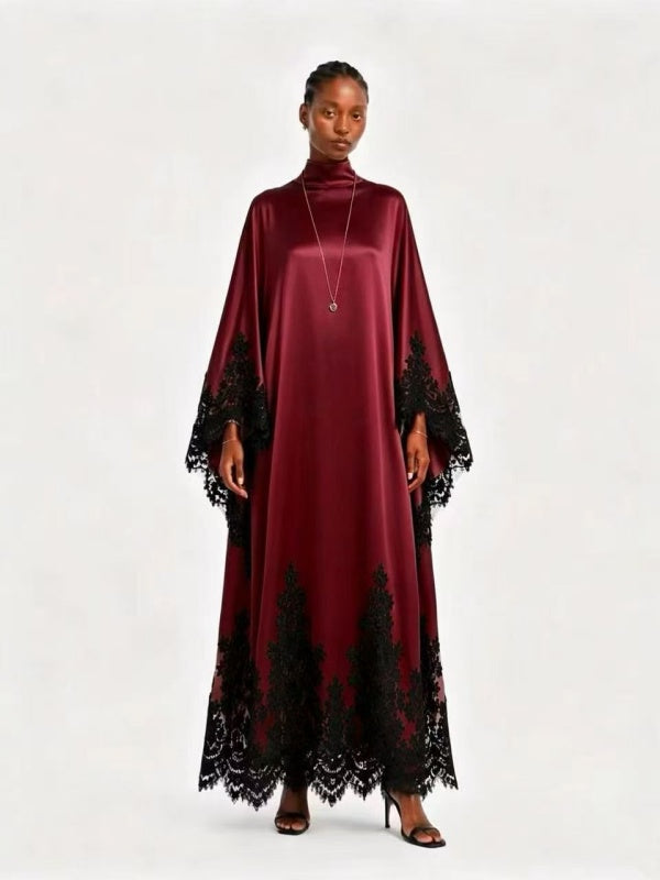 Burgundy Satin Lace-Trim Kaftan Maxi