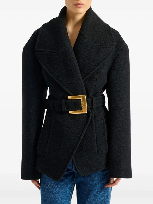 Black Belted Wool Blazer Coat