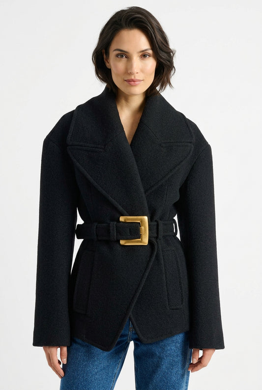 Black Belted Wool Blazer Coat
