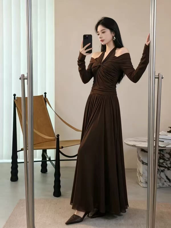 Chocolate Off-Shoulder Draped Maxi Dress