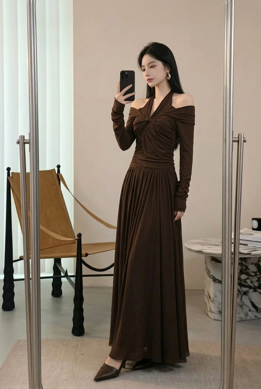 Chocolate Off-Shoulder Draped Maxi Dress