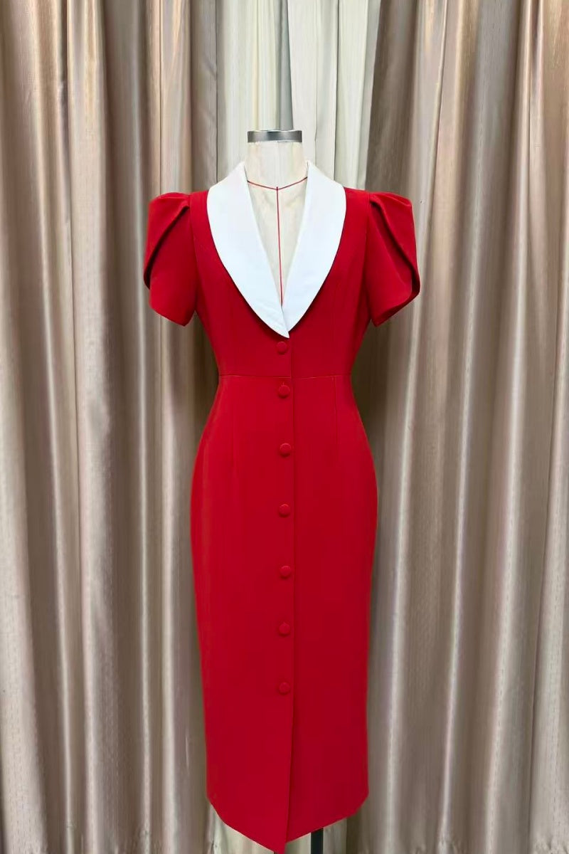 Red Contrast-Collar Button Midi Dress