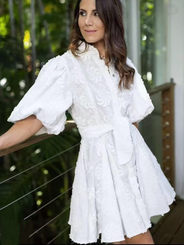 White Brocade Puff-Sleeve Mini Dress