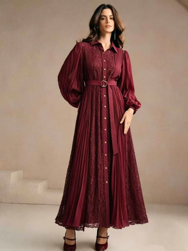 Burgundy Pleated Lace Shirt Maxi Dress