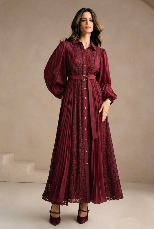 Burgundy Pleated Lace Shirt Maxi Dress