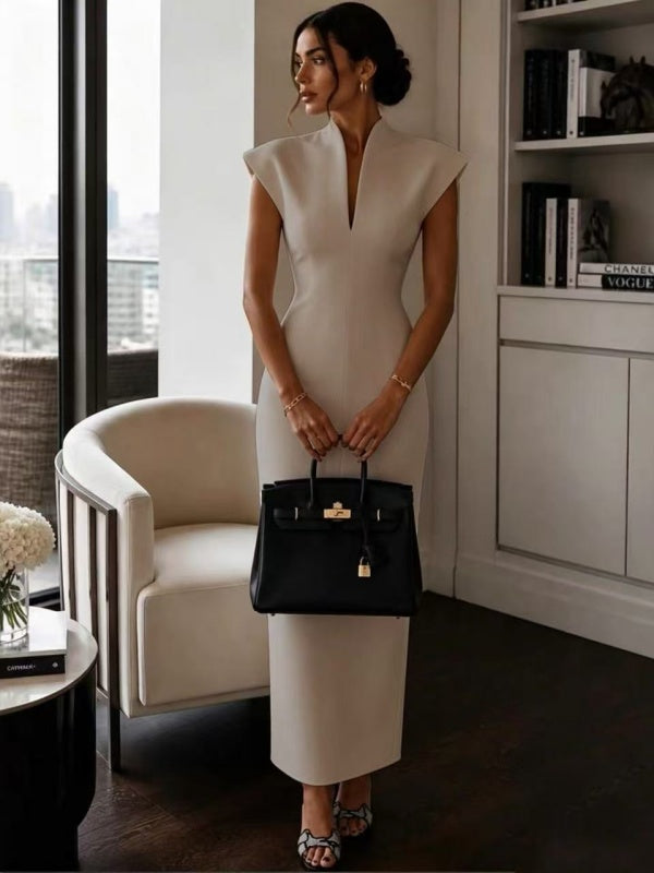Beige Sleeveless Sheath Midi Dress