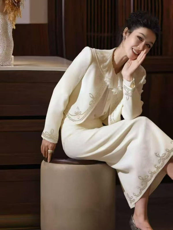 Ivory Embroidered Jacket and Skirt Set