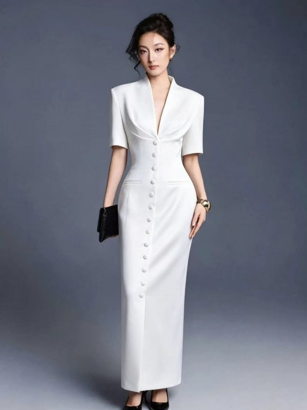 White Button-Front Midi Dress