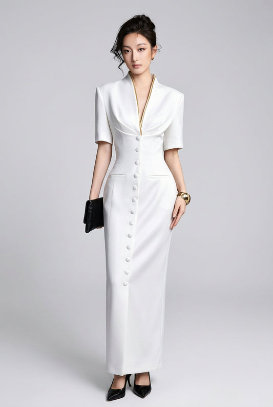 White Button-Front Midi Dress