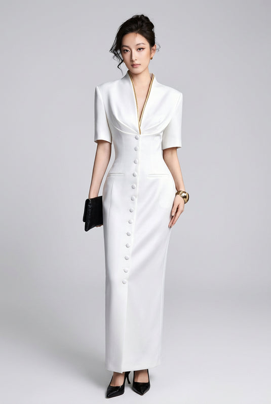 White Button-Front Midi Dress
