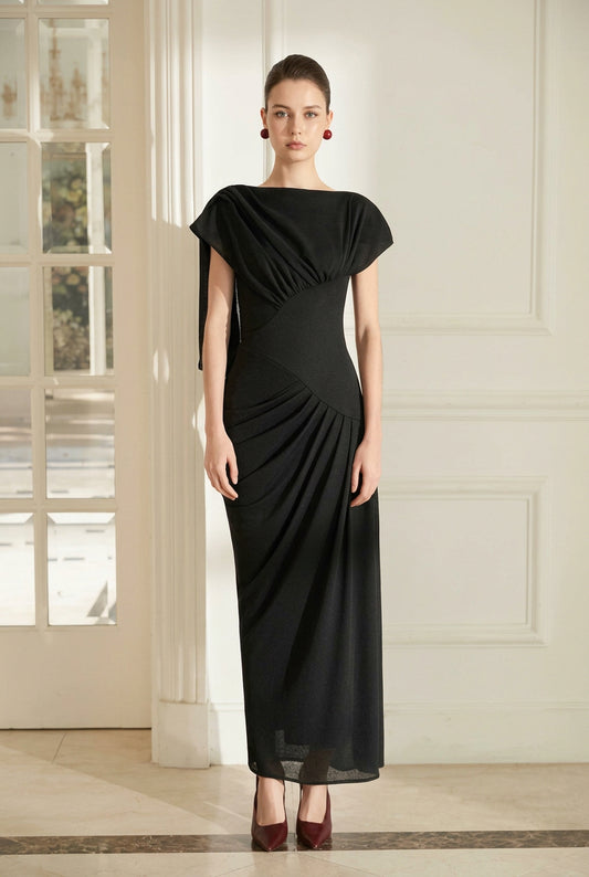 Black Draped Midi Dress