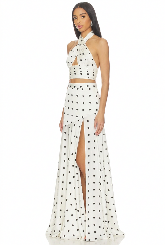 White Polka-Dot Halter Crop Top and Slit Maxi Skirt Set