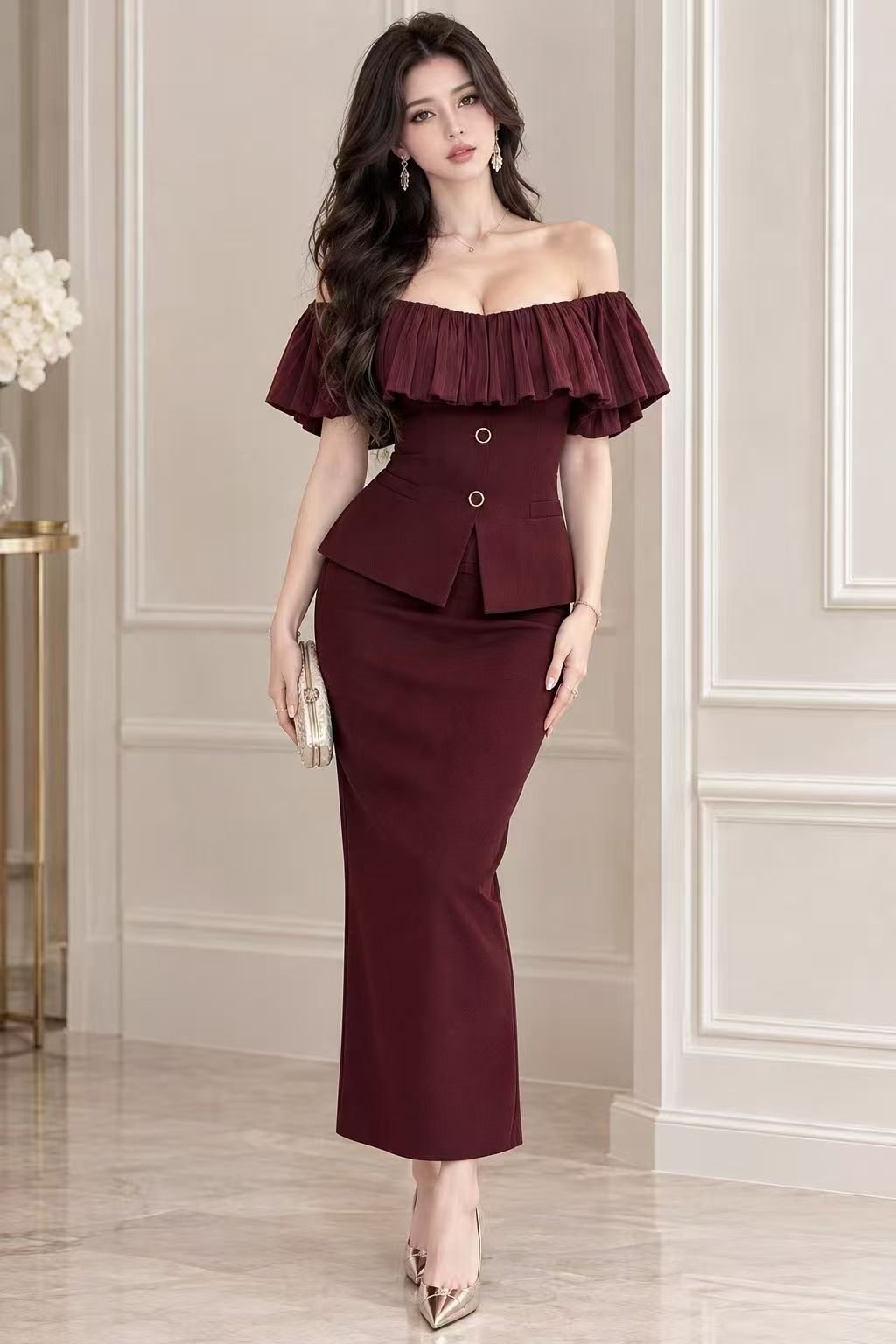 Burgundy Ruffle Peplum Top and Pencil Skirt Set