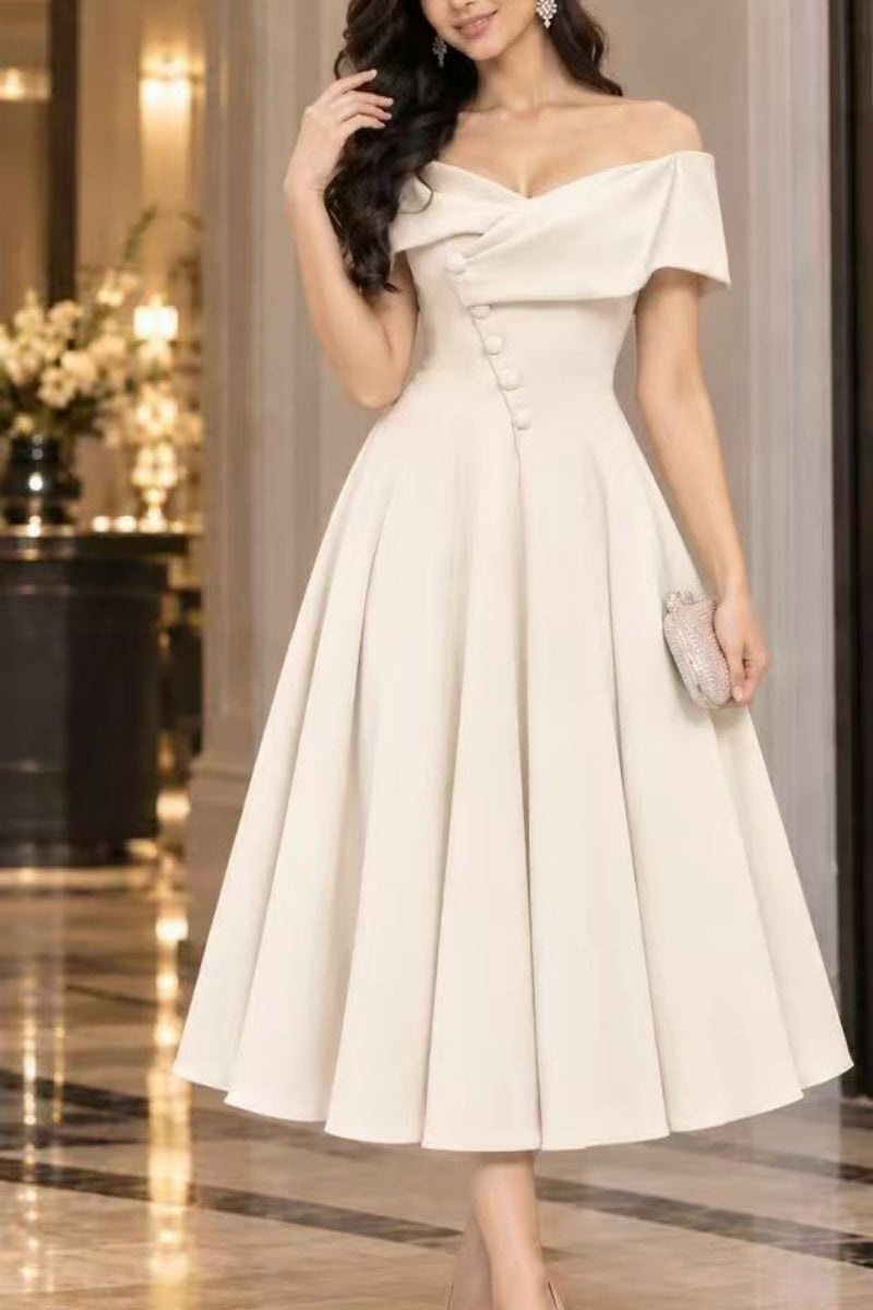 Ivory Off-Shoulder Skater Midi Dress
